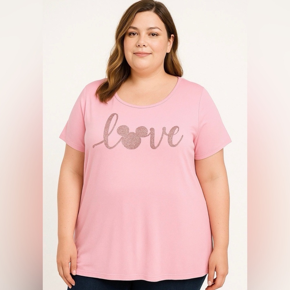 LARACE Womens Pink‎ 2X Short Sleeve Shirt Round Neck Tunic Flowy Flare Love